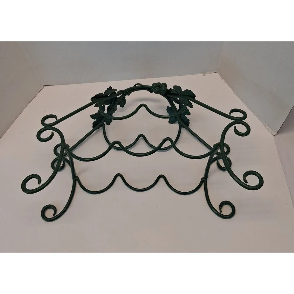VTG Metal Grapevine Wine Rack Holder 5 Bottle Green Scrollwork Tabletop 1990s
